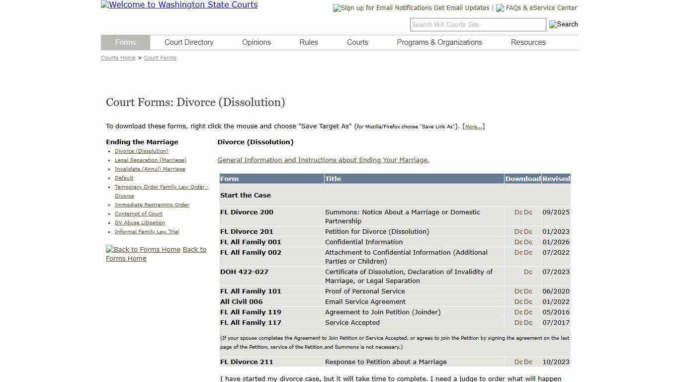 Washington State Courts - Court Forms - Dissolution (Divorce)